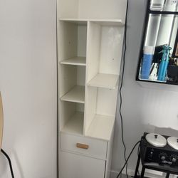 White Storage Cabinet with Shelves and Drawer