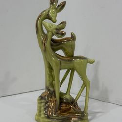 Hallfields 1952 Vintage Deer figurine ceramic. Gold On Green. Beautiful