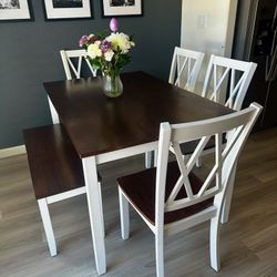 Dining Table Set – Table, 4 Chairs + Bench