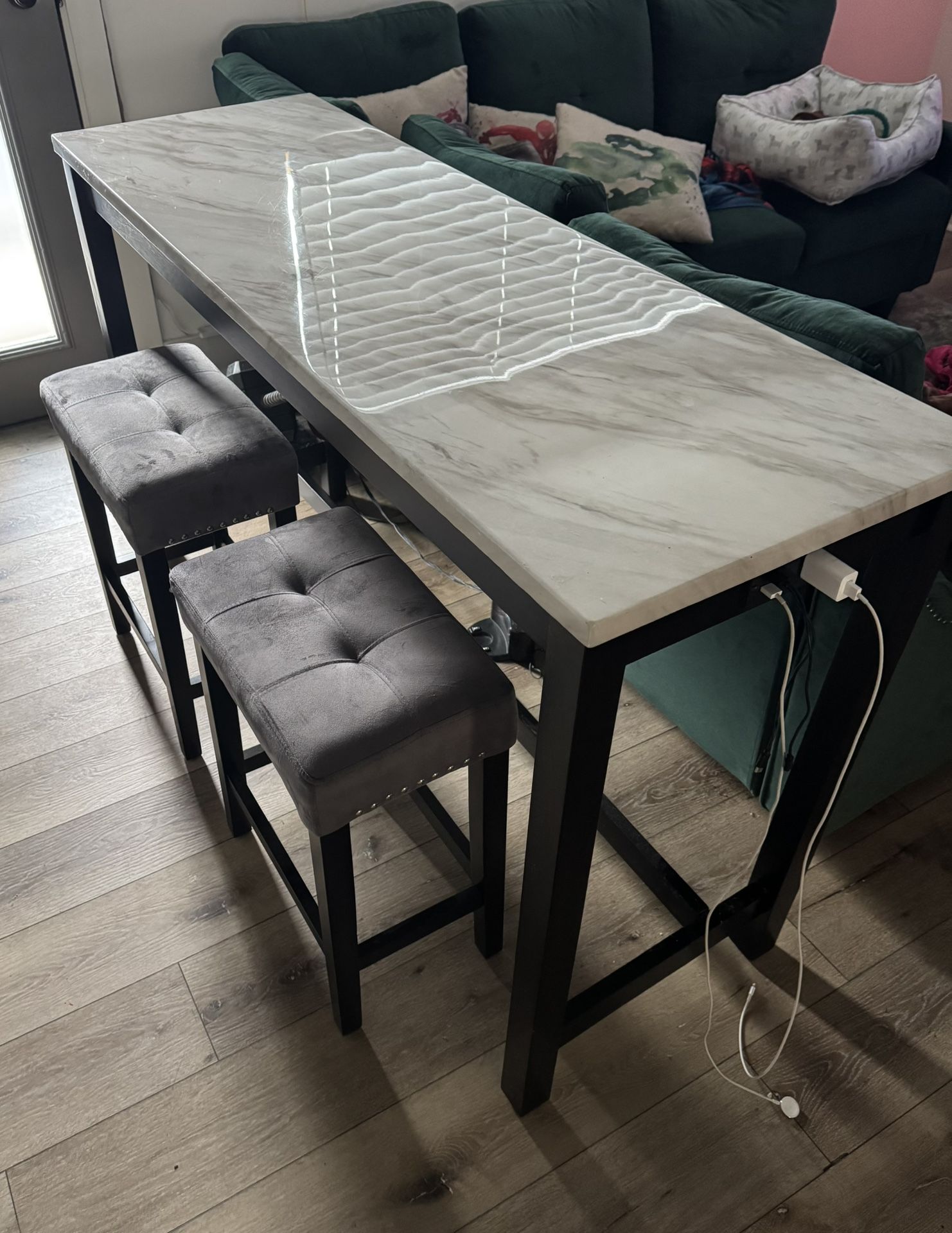 Marble Theater Table and 2 Bar Stools Set, Gray Velvet with Black Base