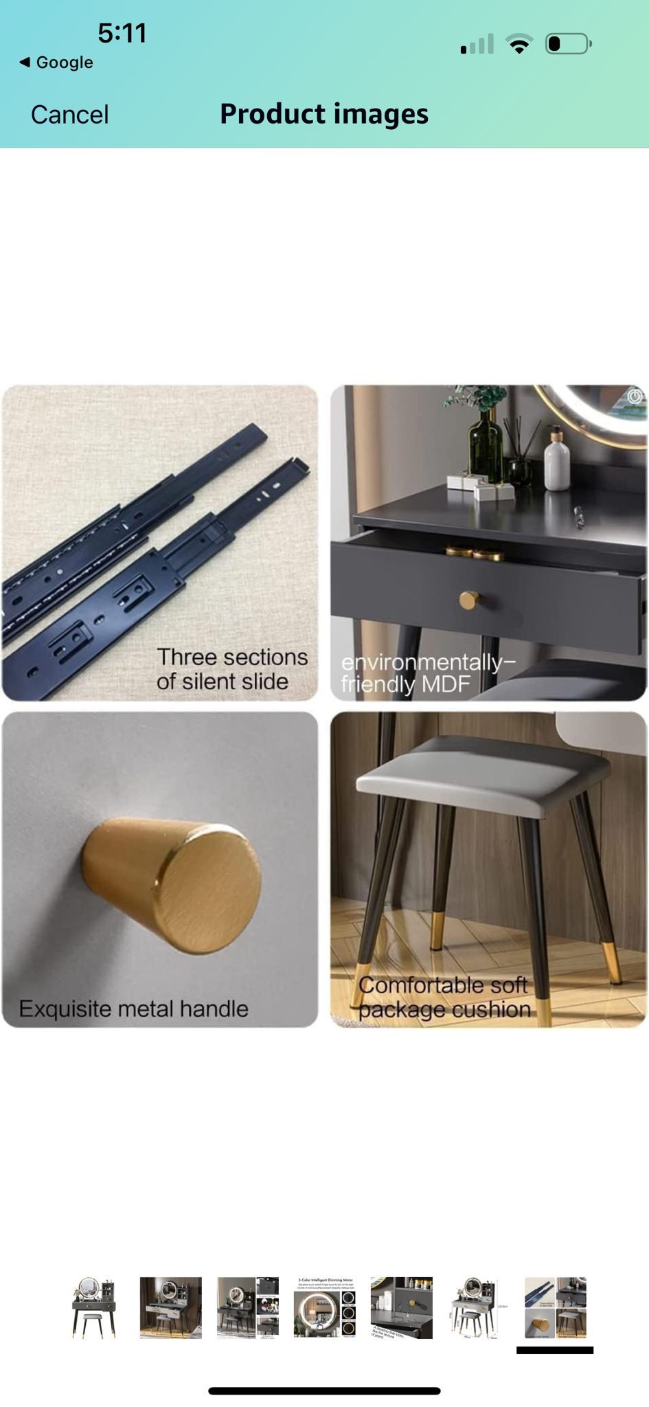 Vanity Table 3 Color Lighted Mirror Makeup Vanity Set with 2 Drawers Dressing Table Cushioned Stool Nightstand Vanity Desk