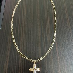 14K Gold Figaro Chain And Cross Charm 