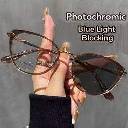 Women’s Reddish Brown Metal Cat Eye Photochromic Blue Light Blocking Eyeglasses