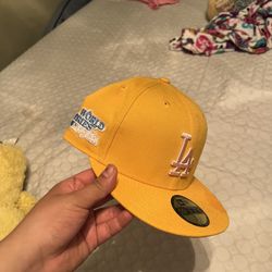7 1/2 World Series Yellow La Hat With Pink Brim 