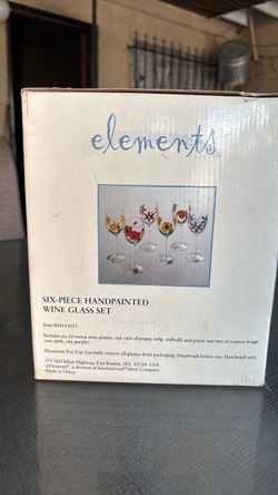 Elements Handpainted 6-Piece Wine Glass Set – Floral Designs – New in Box