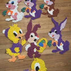 Vintage Melted Plastic Popcorn Easter Decorations — Bunny & Duck Set (7 Pieces)