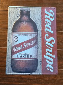 (3) Red Stripe Jamaican Lager Silver Tin Beer Sign - 22” x 16”