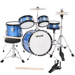 34# Kids Drum Set, 5-Piece 14 in Junior Drum Sets, Beginner Drums Set with Adjustable Throne, Cymbal & Two Pairs of Drumsticks, Musical Learning Drums