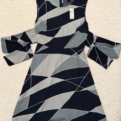 NWT Ann Taylor Factory Petite Geometric Patterned Dress Navy Blue & Grey Size 2 -The flaps are about 27in each and 69in across (including the waist) f