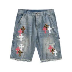 Chrome Hearts Men's Cross-Patch Leather Embroidered Denim Shorts