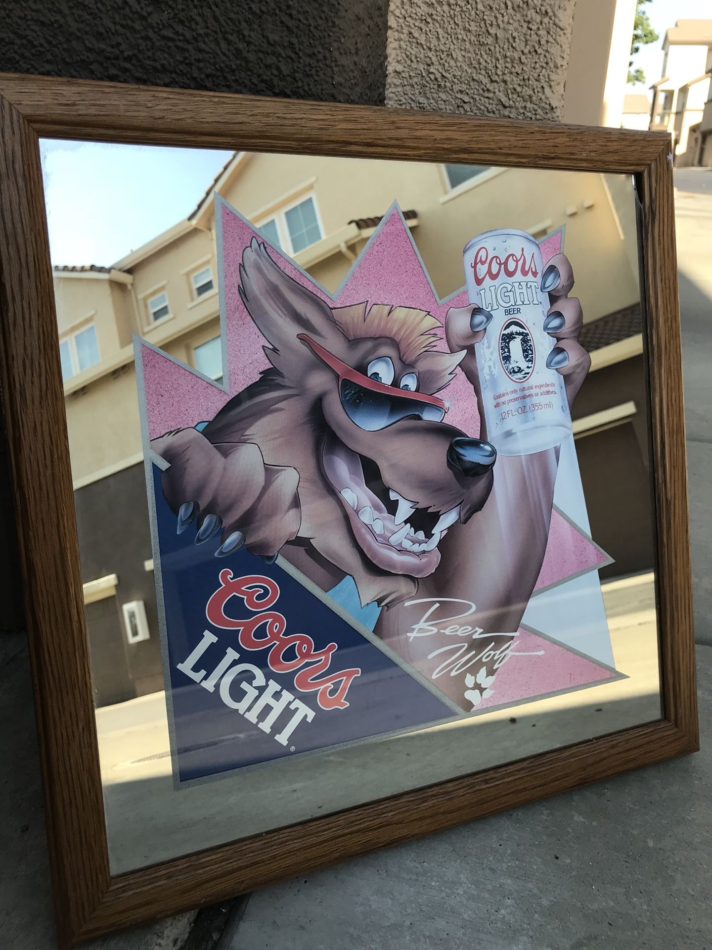 Vintage 80’s 90’s Coors Light Beer Wolf Mirror Bar Pub Sign 15.5" Wood Frame Man Cave