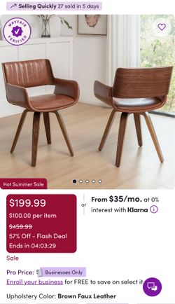 Set of 2 Bar Stools  Mid-Century Modern Walnut & Brown Faux Leather Dining Chairs (sold as pair)