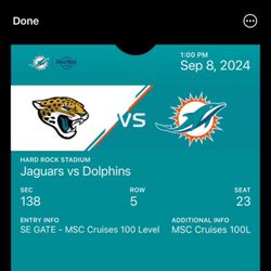Dolphins Jaguars 1 Ticket 9/8/24