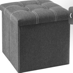 15 inches Storage Ottoman Cube, Foldable Storage Boxes Footrest Step Stool, Padded Seat for Dorm Living Room, Support 300lbs, Line Fabric Grey
