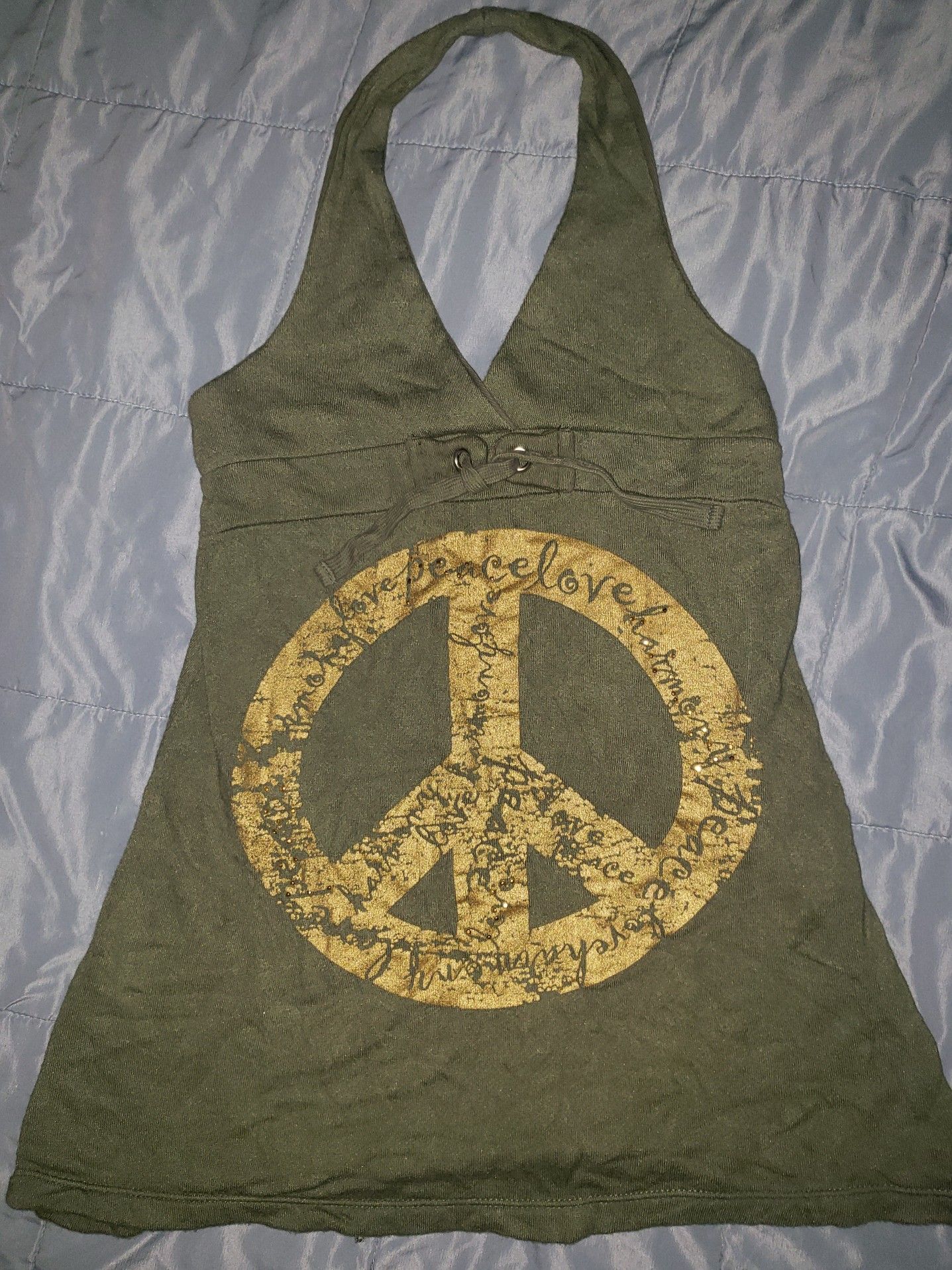 FLOWERS By Zoe Girls Dress Size 5 Olive Green Halter Gold Peace Sign Super Cute