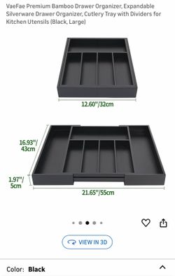 VaeFae Premium Bamboo Drawer Organizer, Expandable Silverware Drawer Organizer, Cutlery Tray with Dividers for Kitchen Utensils (Black, Large)