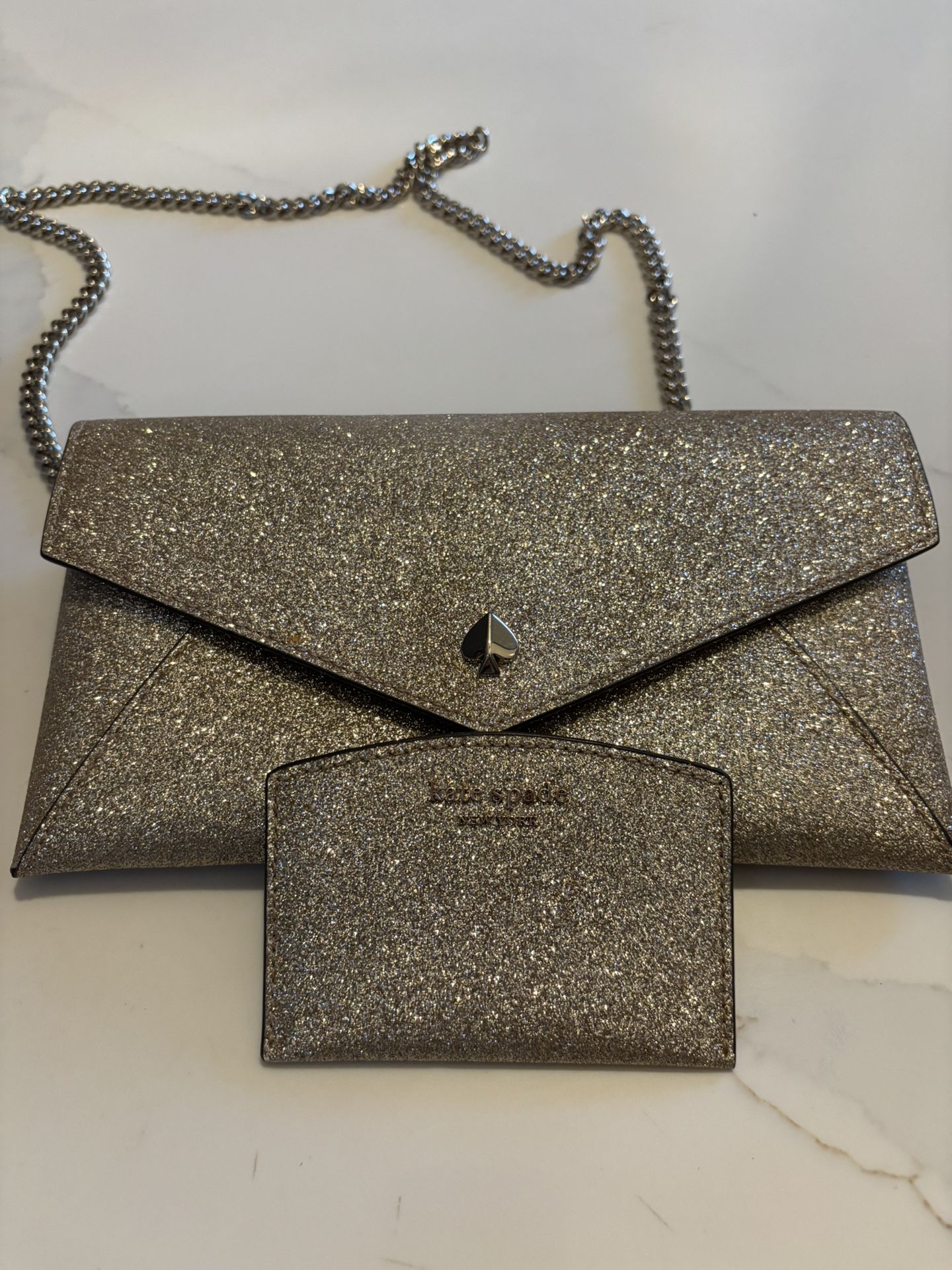 Kate Spade Gold Glitter Crossbody Envelope Purse With Matching Cardholder