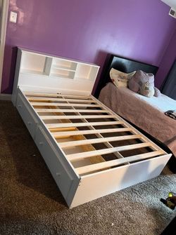 Full size white bookcase headboard platform storage platform bed frame special