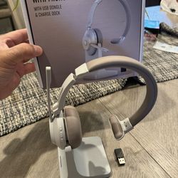 Wireless Headset, QCC 5.2 Bluetooth Headset with CVC 8.0 Dual Mic Noise Canceling & Charging Dock, 45 Hrs Wireless Headphones with USB Dongle for Comp