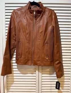 NEW Guess Faux Leather Moto Jacket – Cognac Brown