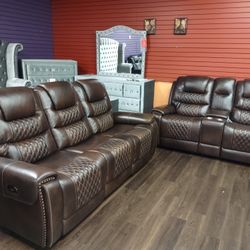 New Top Grain Genuine Leather Sofa And Loveseat With Power Recliners And Power Headrest
