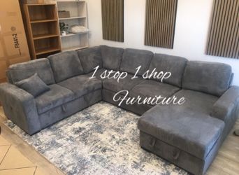 XL sectional sofa with pull- out bed& storage dark gray corduroy