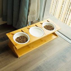 Elevated Pet Feeding Station with 3 Ceramic Bowls