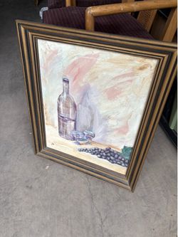 Framed Still‑Life Wine Painting – Grapes, Bottle & Glasses