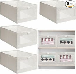 Kigley 8 Pcs Linen Closet Organizers and Storage Foldable Clothing Bins Large Foldable Box with Window Storage Baskets for Closet Shelf Clothes Jeans 