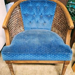 Beautiful Blue Velvet Cane Back Barrel Chair