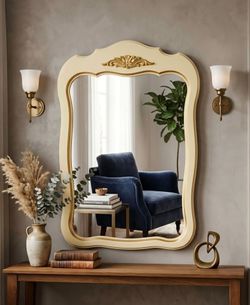 Large Vintage French Provincial Style Cream & Gold Wall Mirror Gold Ornate Crest Cottagecore Decor