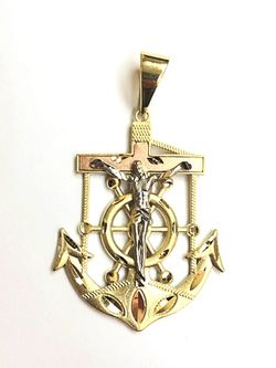 Beautiful Anchor with Jesus religious pendant 14k fine jewelry yellow , white & rose REAL gold. Description⬇️