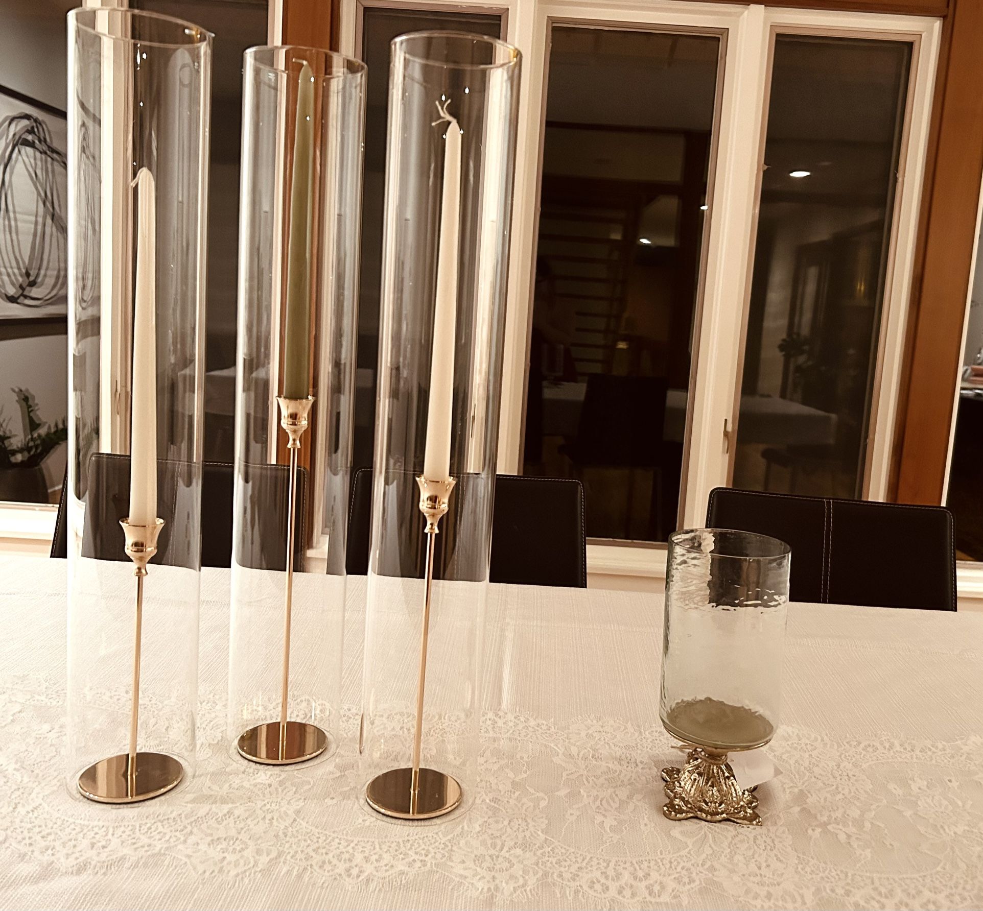 Glass hurricanes & Gold Candle holders