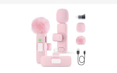 Mini Wireless Lavalier Microphone for iPhone 16/15/14/Android, Lapel Mic with Noise Reduction, 12H, 65ft, Pink Tiny Microphone Content Creator Intervi