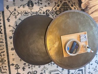 Crate & Barrel Knurl Iron and Aluminum 34" Round Nesting Coffee Tables Set of Two
