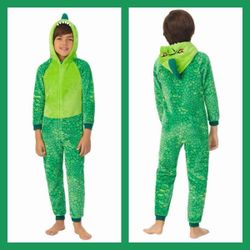 Saint Eve Boys Green Dino Youth Hooded Fleece Sleeper Size L 14/16