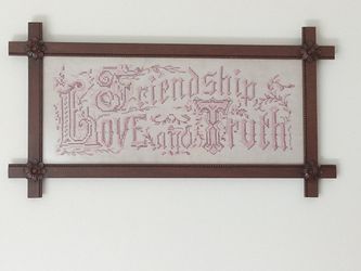 Needlepoint Friendship Love and Truth Cross Stitch In Antique Eastlake Carved Rose Corners Frame, Lodge Decor