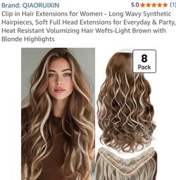 NWT QIAORUIXIN 29" Wavy Clip-In Hair Extensions Light Brown Blonde Highlights