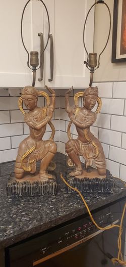 Antique Wood Carved Asian Lamps Mcm Vintage One Of A Kind!