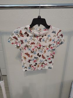 Papaya, white cropped shirt top with butterflies, girls , size S