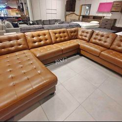 Real Leather Brown Leather U Shaped Sectional Couch With Chaise ⭐$39 Down Payment with Financing ⭐ 90 Days same as cash