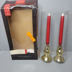 Pair Of Flameless Red Taper Candles 8.5" With Mercury Glass Style Base - No Remote