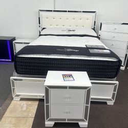 Queen Complete Bedroom Set With 2 Nightstands, Chest, Mattress, Box  Was $1999 Now Only $1000
