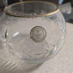 Cut Crystal Clear 4" Rose Bowl Base Handcrafted Gold Trim Romania