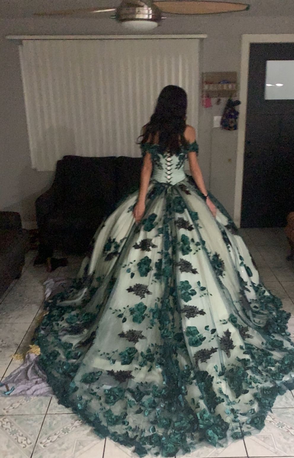 Emerald Green Laced White Dress With Little Black Details