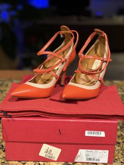 FOR SALE: Valentino Garavani Orange Love Latch Ankle Strap High Heels – Size 36.5 🍊👠