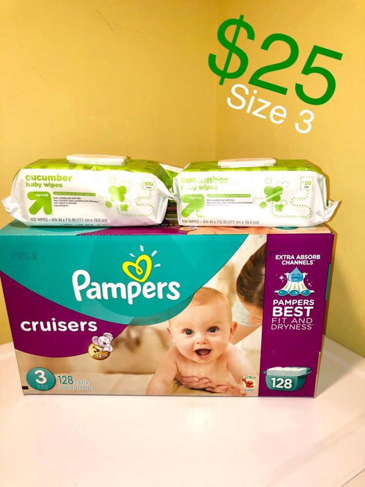 Pampers size 3 with 2 packs of wipes/ Pampers talla 3 y dos bolsas de wipes