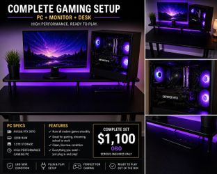 Gaming PC Setup RTX 3070 | 32GB RAM | 1.5TB | Monitor + Desk | $1100