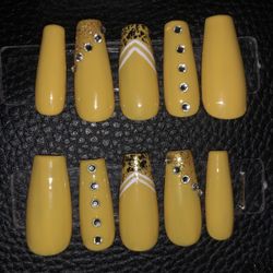Yellow Rhinestone Press On Nails