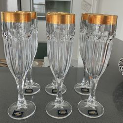 Champagne Glasses Set Of 6 Bohemia With Golden Rim Thumbnail